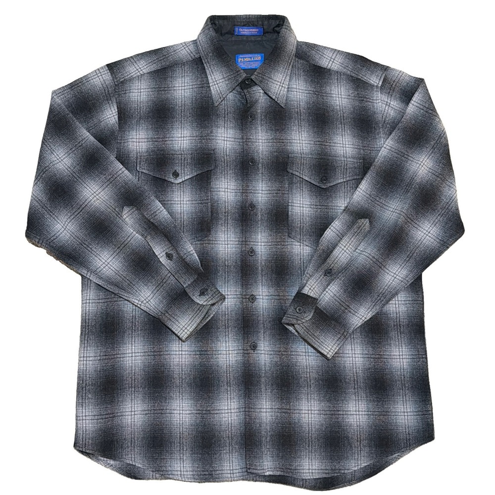 Pendleton Outdoorsman Shirt Men's L Black Gray Shadow Plaid Virgin Wool Mexico